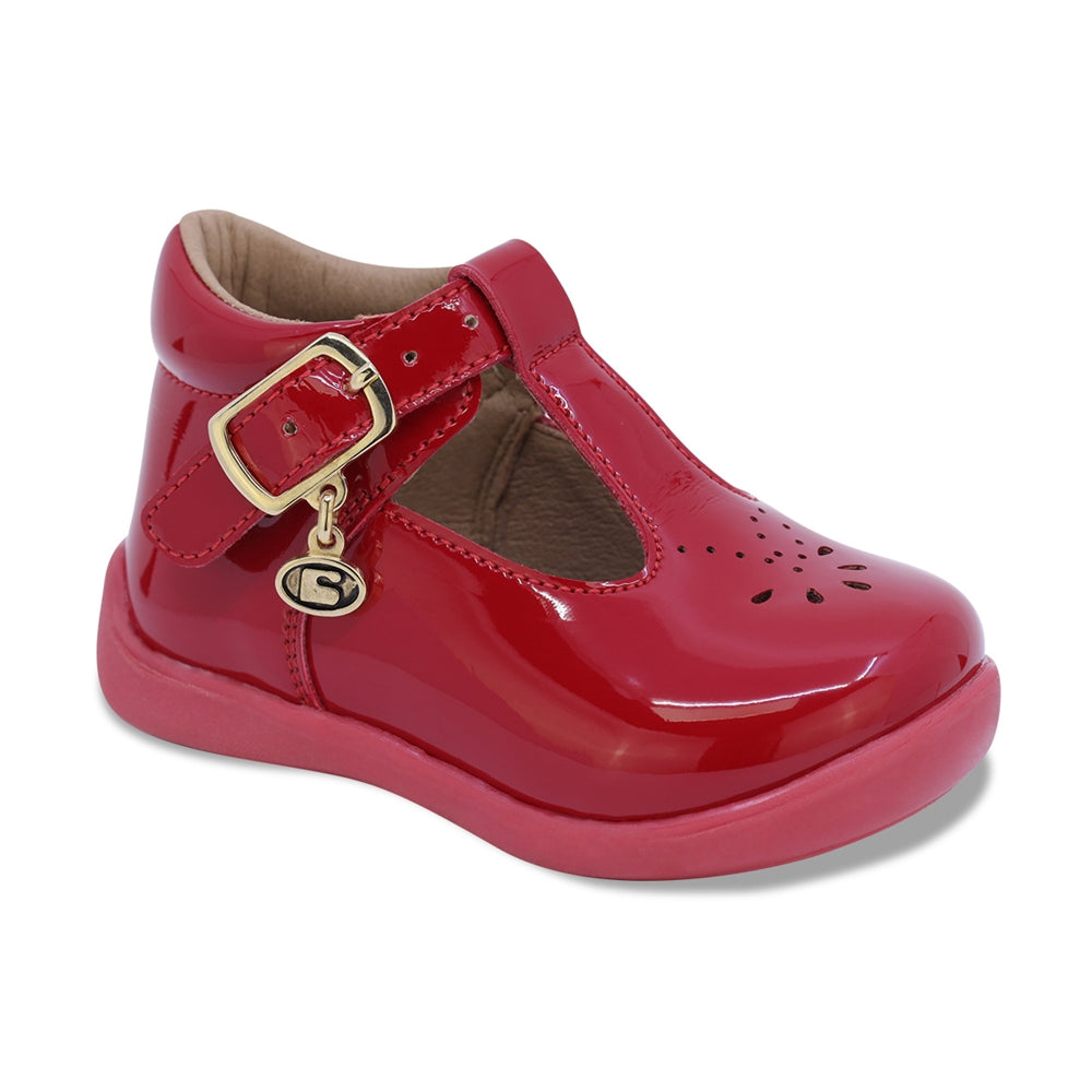 ZAPATO COQUETA PARA NIÑA EN CHAROL COLOR ROJO PANAL CON HEBILLA