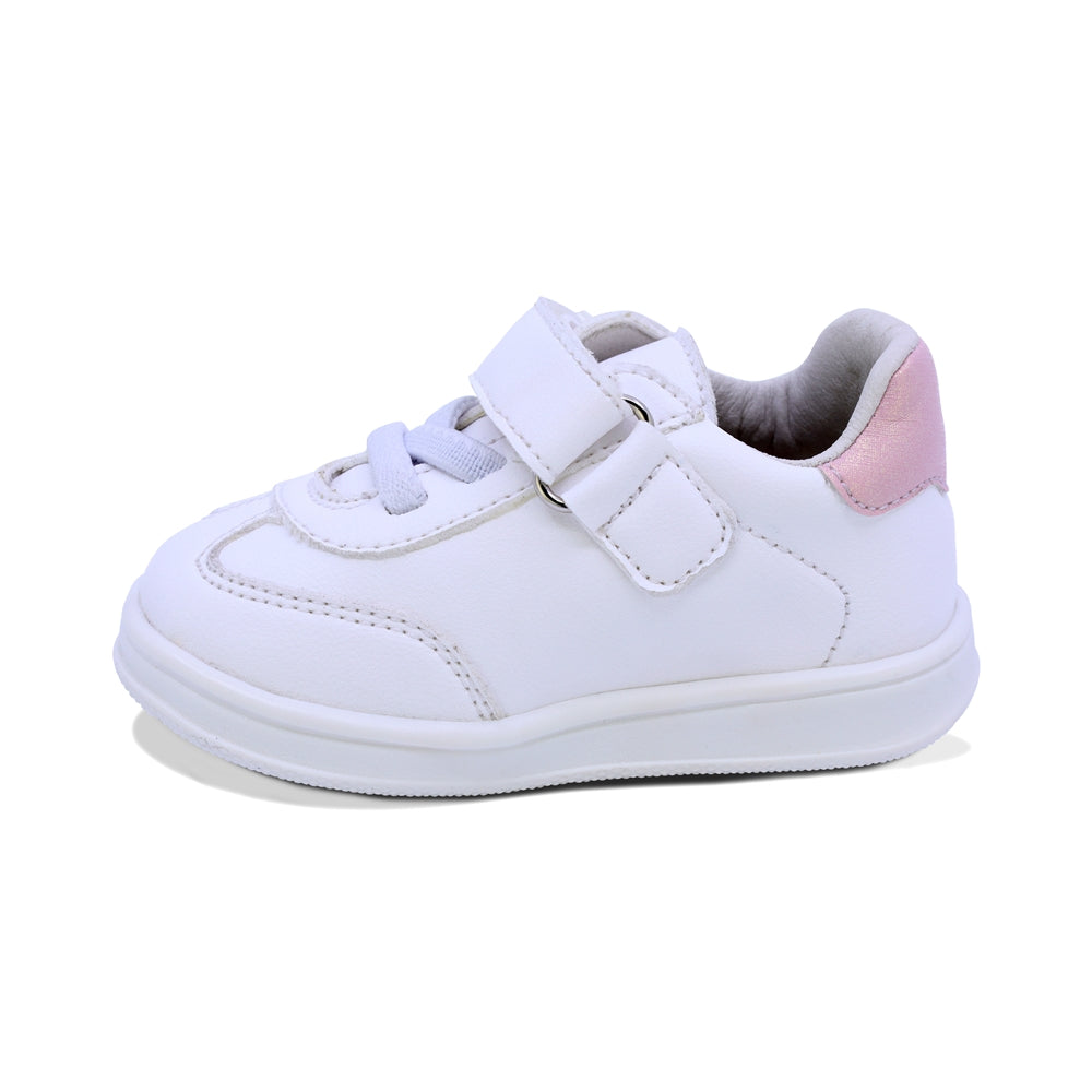 TENIS COQUETA PARA NIÑA DE SINTÉTICO COLOR BLANCO TEDDY CON FRANJAS ROSAS