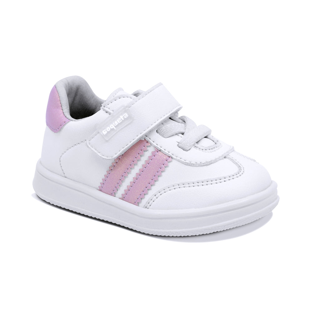 TENIS COQUETA PARA NIÑA DE SINTÉTICO COLOR BLANCO TEDDY CON FRANJAS ROSAS