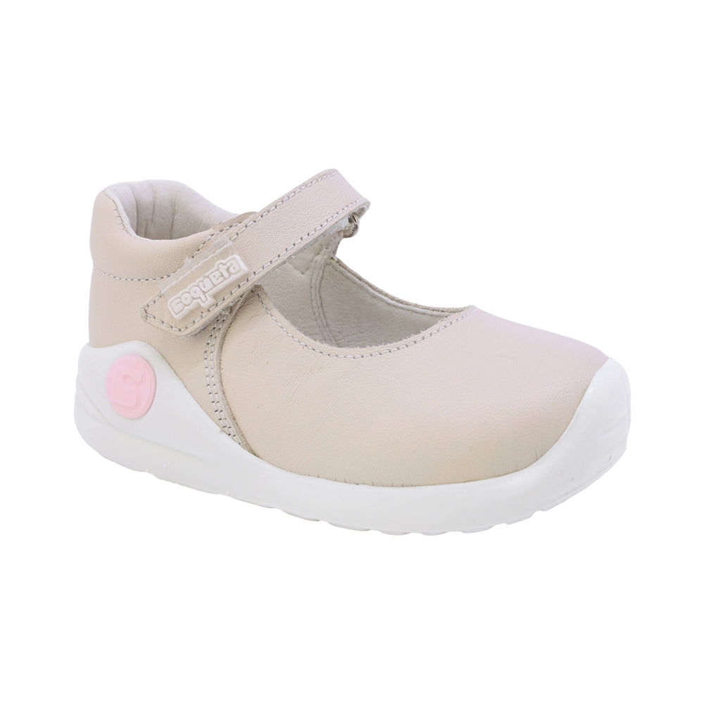 BALERINA COQUETA PARA NIÑA EN PIEL COLOR BEIGE PINKY CON TIRA DE CONTACTO