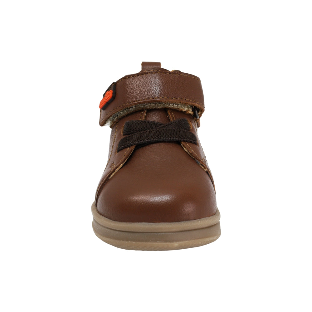 BOTA AUDAZ PARA NIÑO EN PIEL COLOR CAFÉ CLARO TEDDY CON AGUJETA Y TIRA DE CONTACTO