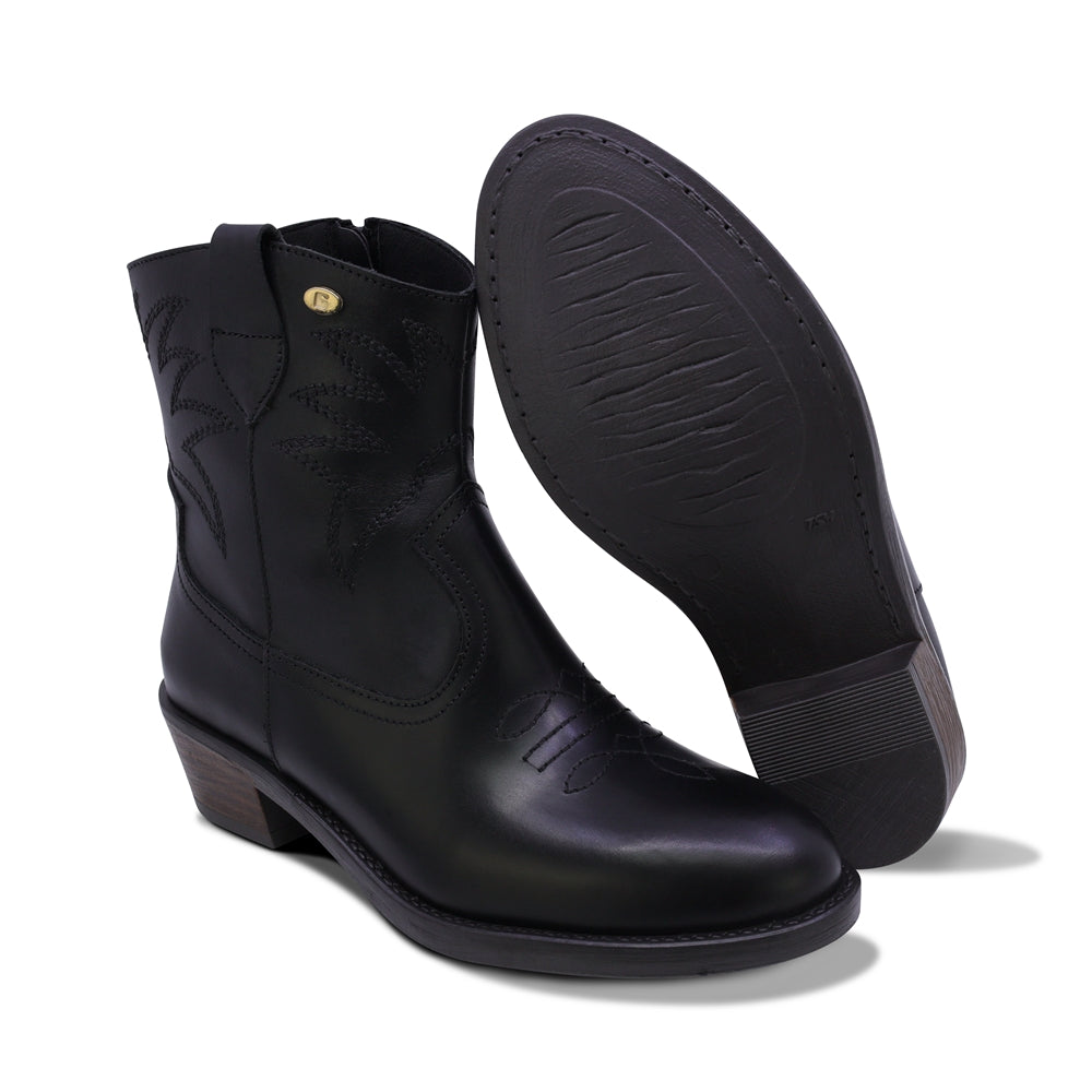 BOTINES COQUETA PARA NIÑA DE PIEL COLOR NEGRO MIRTA CON DISEÑO WESTERN