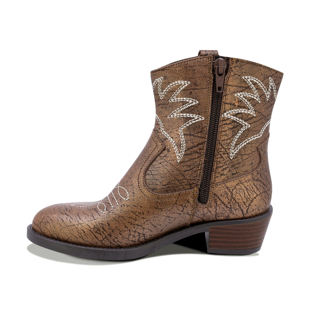 BOTINES COQUETA PARA NIÑA DE PIEL COLOR BRONCE MIRTA CON DISEÑO WESTERN