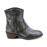 BOTINES COQUETA PARA NIÑA DE PIEL COLOR GRIS METÁLICO MIRTA CON DISEÑO WESTERN Y DETALLES CALADOS