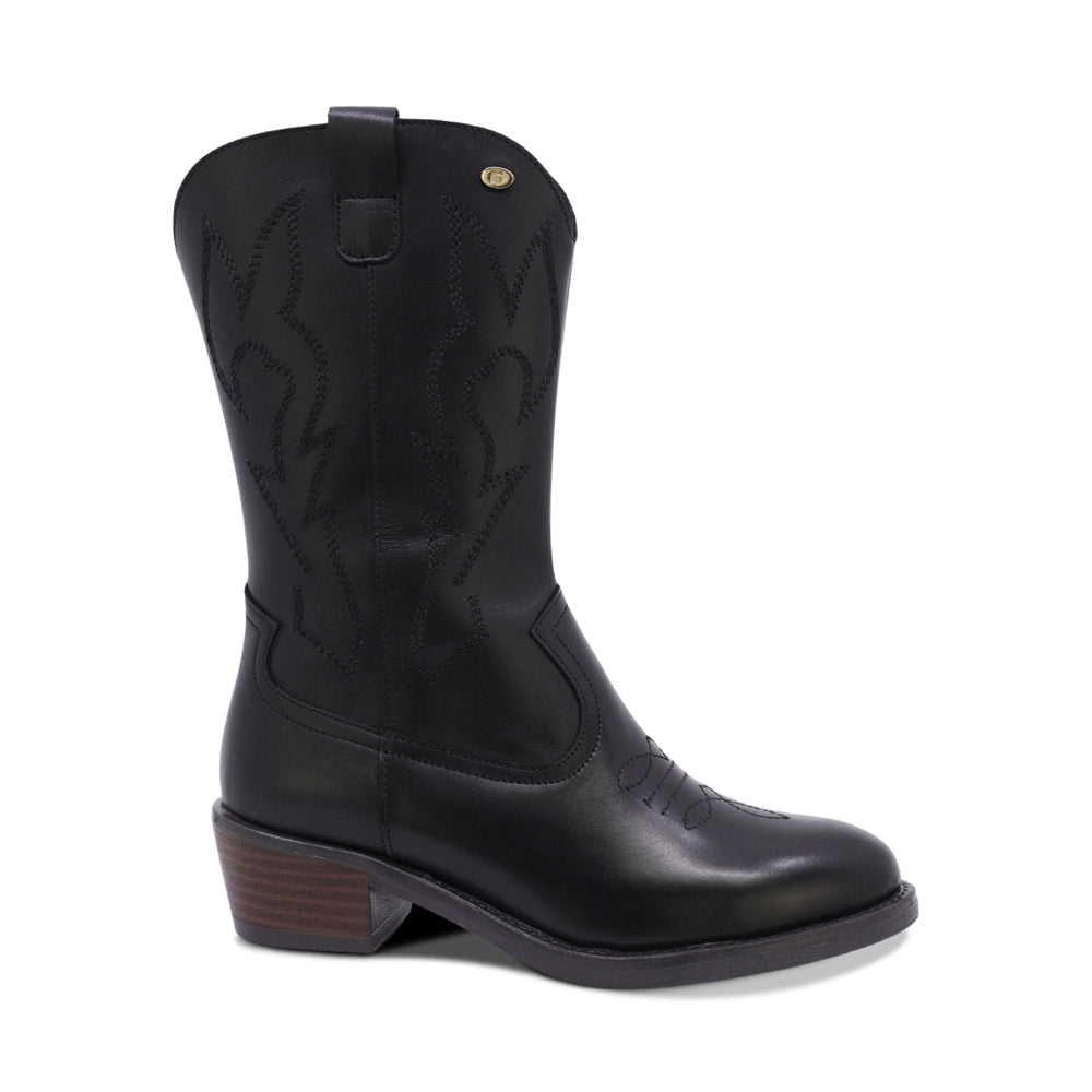 BOTAS COQUETA PARA NIÑA DE PIEL COLOR NEGRO MIRTA CON DISEÑO WESTERN Y BORDADO TONO A TONO