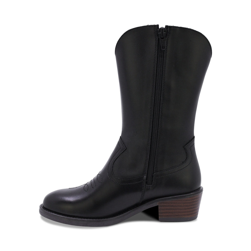 BOTAS COQUETA PARA NIÑA DE PIEL COLOR NEGRO MIRTA CON DISEÑO WESTERN Y BORDADO TONO A TONO
