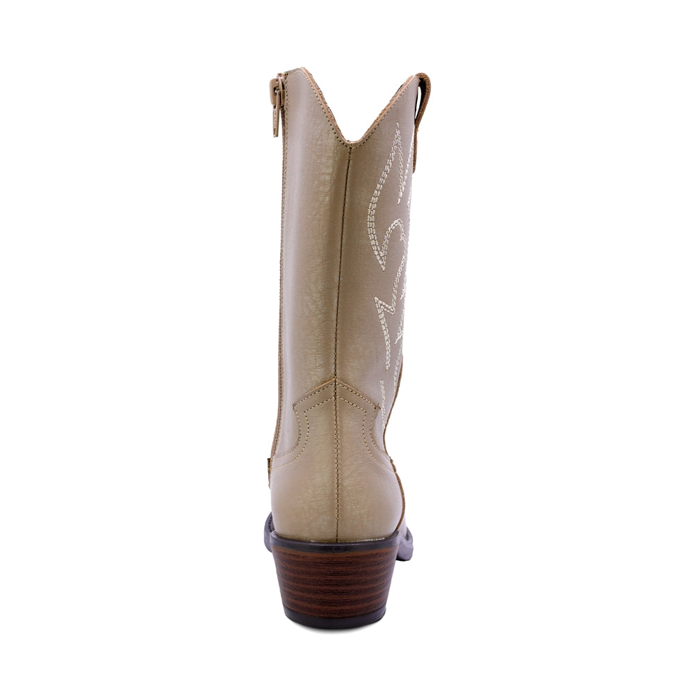 BOTAS COQUETA PARA NIÑA DE PIEL COLOR BEIGE MIRTA CON DISEÑO WESTERN Y BORDADO CONTRASTANTE