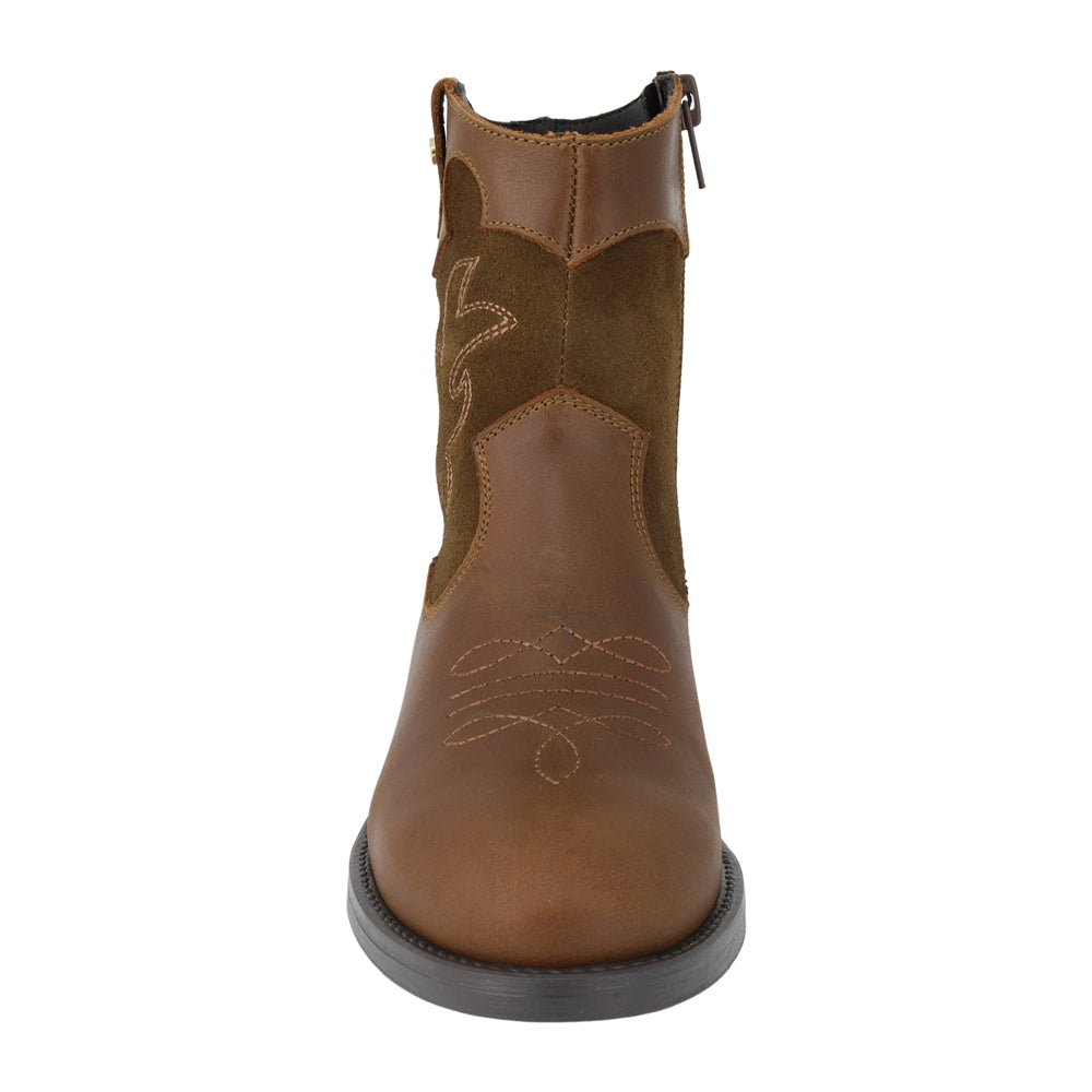 BOTA COQUETA PARA NIÑA EN PIEL COLOR CAFÉ CLARO MIRTA CON BORDADO