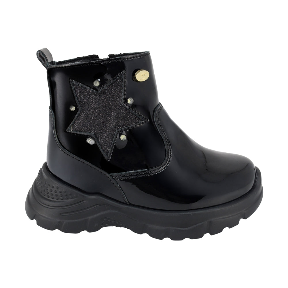 BOTA COQUETA PARA NIÑA EN CHAROL COLOR NEGRO NEMO CON DETALLE DE ESTRELLA