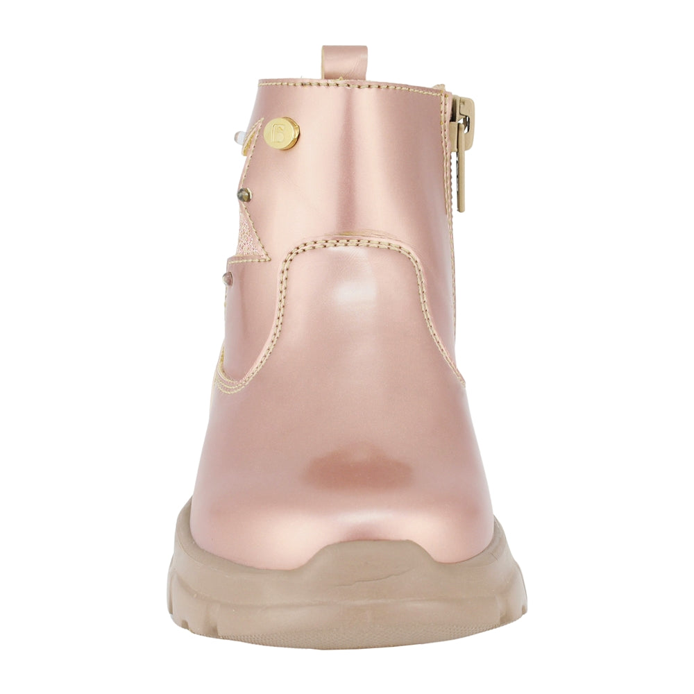BOTA COQUETA PARA NIÑA EN SINTÉTICO COLOR ORO ROSADO NEMO CON DETALLE DE ESTRELLA