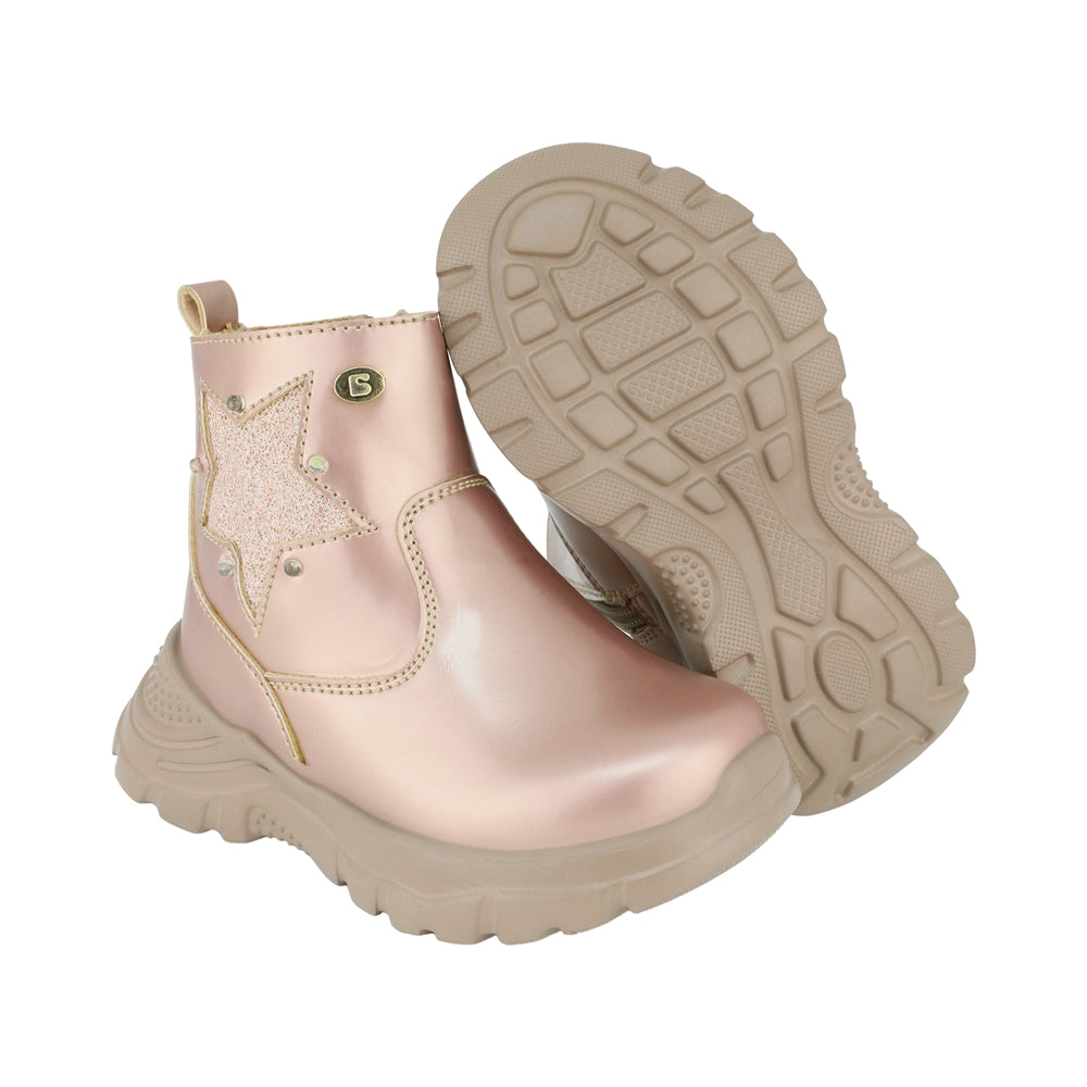 BOTA COQUETA PARA NIÑA EN SINTÉTICO COLOR ORO ROSADO NEMO CON DETALLE DE ESTRELLA