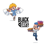 Personajes Coqueta y Audaz celebrando los Black Days con bolsas y cajas de zapatos. 