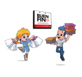 Personajes Coqueta y Audaz celebrando el Buen Fin 2025 con bolsas y cajas de zapatos. Promociones de hasta 50% en calzado infantil.